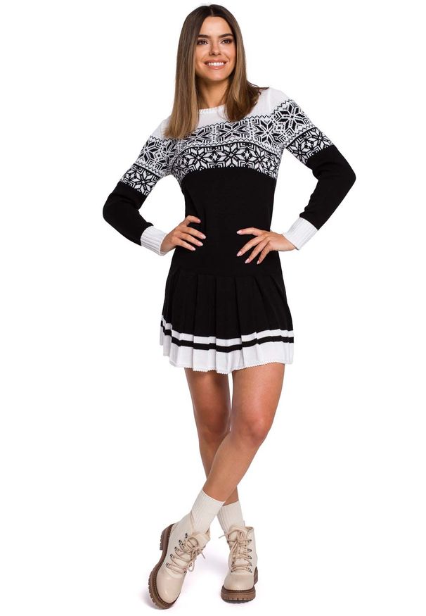MOE - Czarna Świąteczna Sukienka Swetrowa z Obniżoną Talią. Kolor: czarny. Materiał: akryl. Styl: wizytowy