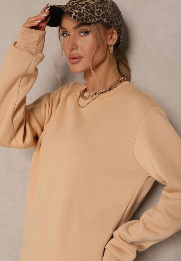Renee - Ciemnobeżowa Bluza z Bawełną i Ściągaczami przy Rękawach Ravemi. Kolor: beżowy. Materiał: bawełna. Sezon: zima