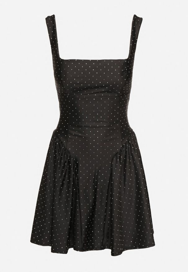 Born2be - Czarna Rozkloszowana Sukienka z Usztywnionymi Miseczkami i Cyrkoniami Esaltia. Typ kołnierza: dekolt kwadratowy. Kolor: czarny. Materiał: tkanina. Długość rękawa: na ramiączkach. Wzór: aplikacja. Styl: wizytowy, elegancki