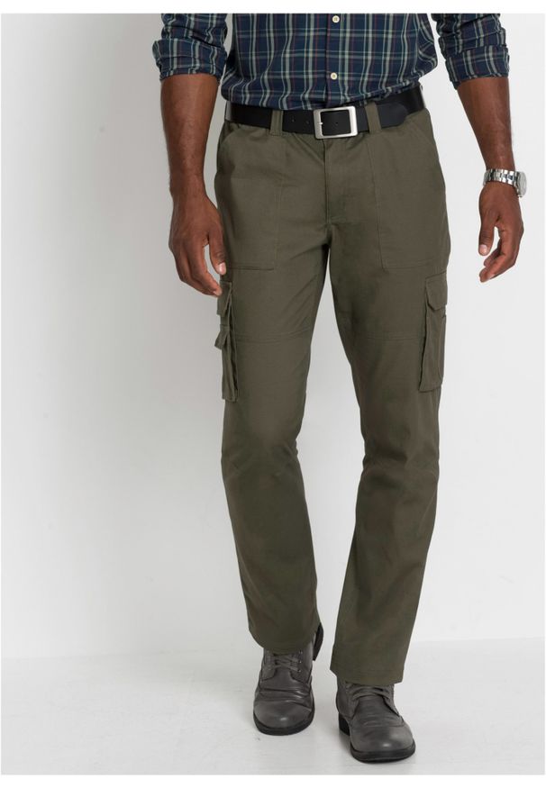 bonprix - Spodnie bojówki z powłoką z teflonu Regular Fit Straight. Kolor: zielony. Styl: klasyczny