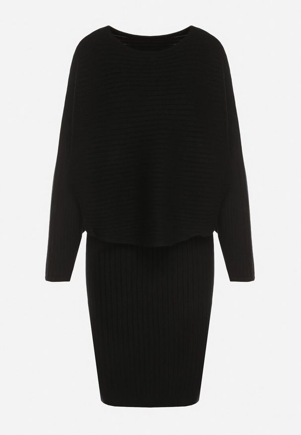 Born2be - Czarny Dzianinowy Komplet Prążkowany Sukienka i Sweter o Kroju Nietoperz Wederela. Kolor: czarny. Materiał: prążkowany, dzianina