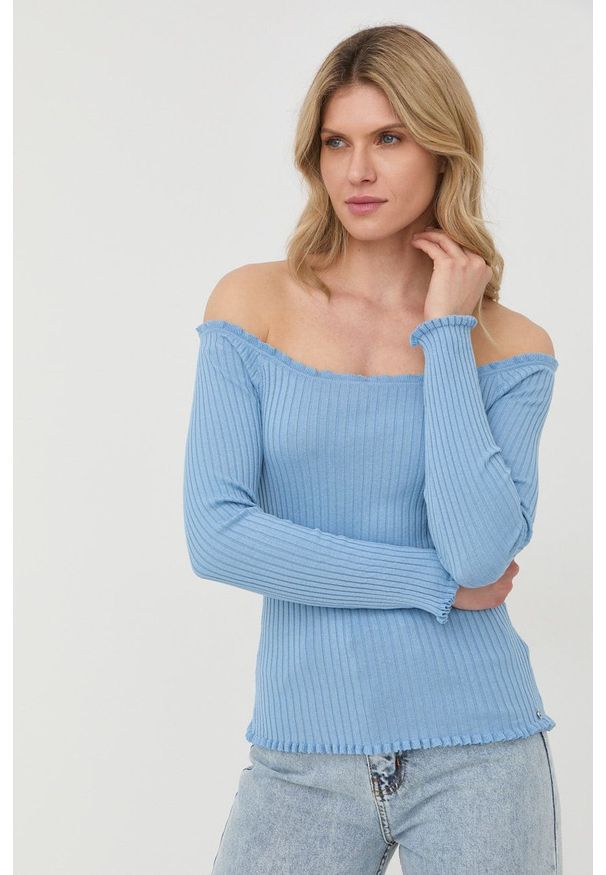 Guess sweter z domieszką jedwabiu damski lekki. Kolor: niebieski. Materiał: jedwab. Długość rękawa: raglanowy rękaw