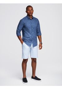 Ombre Clothing - Klasyczna męska bawełniana koszula SLIM FIT w palmy - ciemnoniebieska V5 OM-SHCS-0156 - XXL. Typ kołnierza: kołnierzyk klasyczny. Kolor: niebieski. Materiał: bawełna. Długość rękawa: długi rękaw. Długość: długie. Wzór: nadruk. Styl: klasyczny