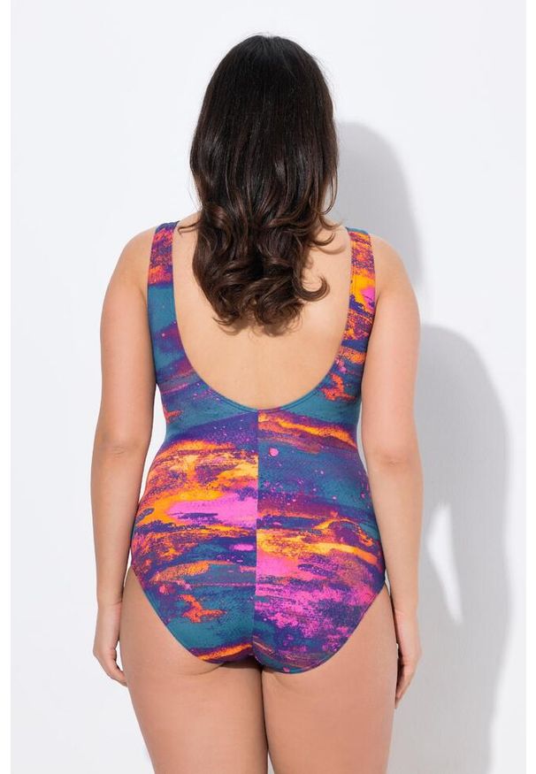 ULLA POPKEN - Damski Strój kąpielowy bez miękkich miseczek dekolt w serek z recyklingu. Kolekcja: plus size. Kolor: pomarańczowy, wielokolorowy, żółty. Materiał: poliester, elastan, poliamid, materiał