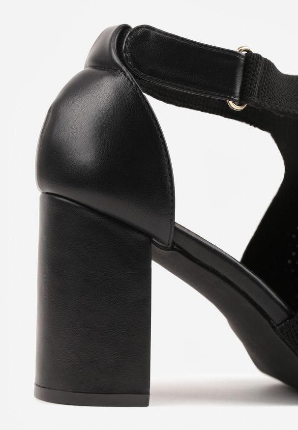 Renee - Czarne Sandały Soft Fit VICES na Obcasie w Stylu Botków z Elastyczną Ażurową Cholewką Comfort Omphopis. Zapięcie: rzepy. Kolor: czarny. Materiał: materiał, jeans. Wzór: ażurowy. Obcas: na obcasie. Wysokość obcasa: średni