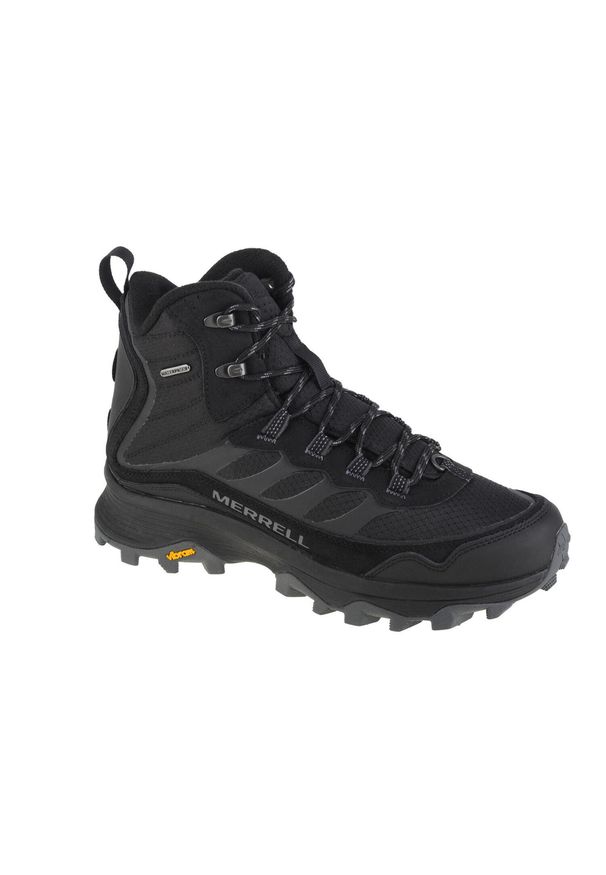 Buty trekkingowe męskie, Merrell Moab Speed Thermo Mid WP. Wysokość cholewki: za kostkę. Zapięcie: sznurówki. Kolor: czarny. Materiał: materiał, syntetyk, tkanina, skóra. Szerokość cholewki: normalna