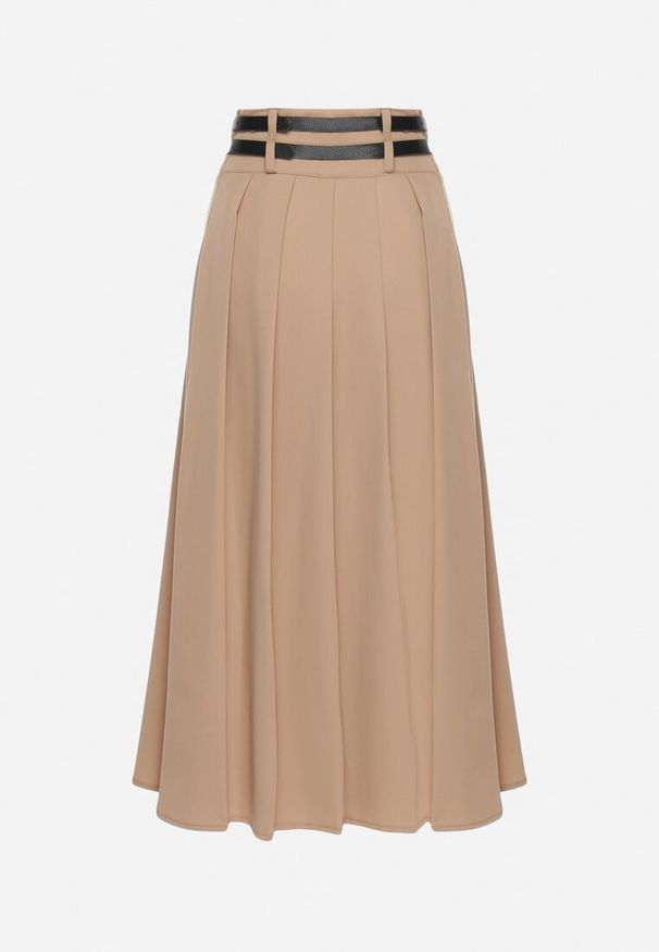 Born2be - Beżowa Spódnica z Podwójnym Paskiem z Ekoskóry i Szerokimi Plisami Hiritai. Okazja: na imprezę, do pracy. Stan: podwyższony. Kolor: beżowy. Materiał: skóra. Styl: elegancki