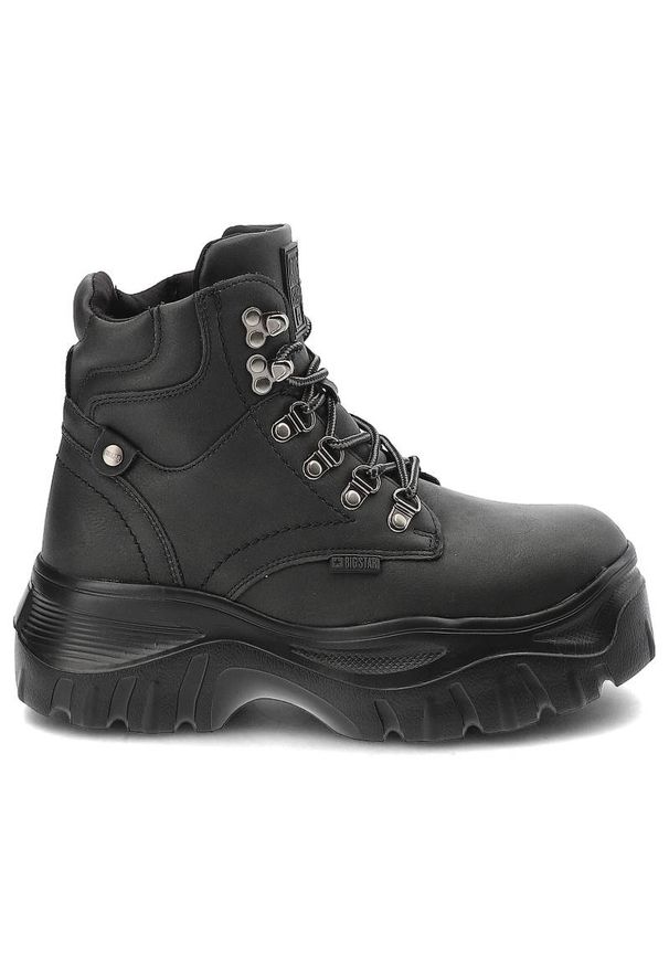 Big-Star - Botki damskie Big Star, ze skóry naturalnej licowej z wysoką sznurowaną cholewką metalowymi hakami i oczkami, czarne, KK274368. Zapięcie: sznurówki. Kolor: czarny. Materiał: materiał, skóra ekologiczna. Szerokość cholewki: normalna. Sezon: jesień. Obcas: na obcasie. Wysokość obcasa: niski