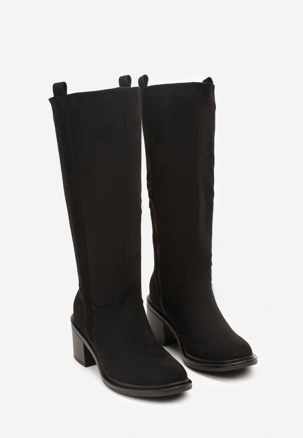 Born2be - Czarne Kozaki Oficerki Vices na Słupku z Ozdobnymi Panelami przy Cholewce Aforrive. Zapięcie: zamek. Kolor: czarny. Materiał: jeans. Szerokość cholewki: normalna. Obcas: na słupku