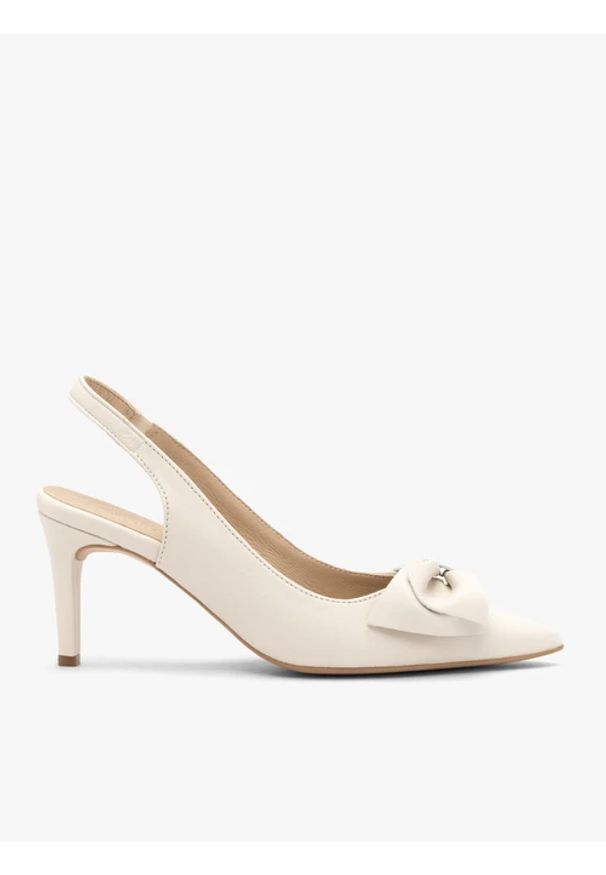 Ryłko - Kremowe czółenka damskie bez pięty slingback z kokardą. Okazja: na co dzień, na spotkanie biznesowe, do pracy. Nosek buta: szpiczasty. Zapięcie: zamek. Kolor: beżowy. Materiał: skóra. Obcas: na obcasie. Styl: elegancki, klasyczny, biznesowy, street, casual. Wysokość obcasa: średni
