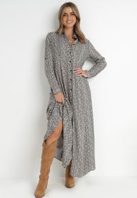 Born2be - Czarno-Biała Sukienka Hekadia. Okazja: na co dzień. Kolor: czarny. Materiał: wiskoza, tkanina. Długość rękawa: długi rękaw. Wzór: kwiaty. Typ sukienki: proste, koszulowe. Styl: casual. Długość: maxi #4