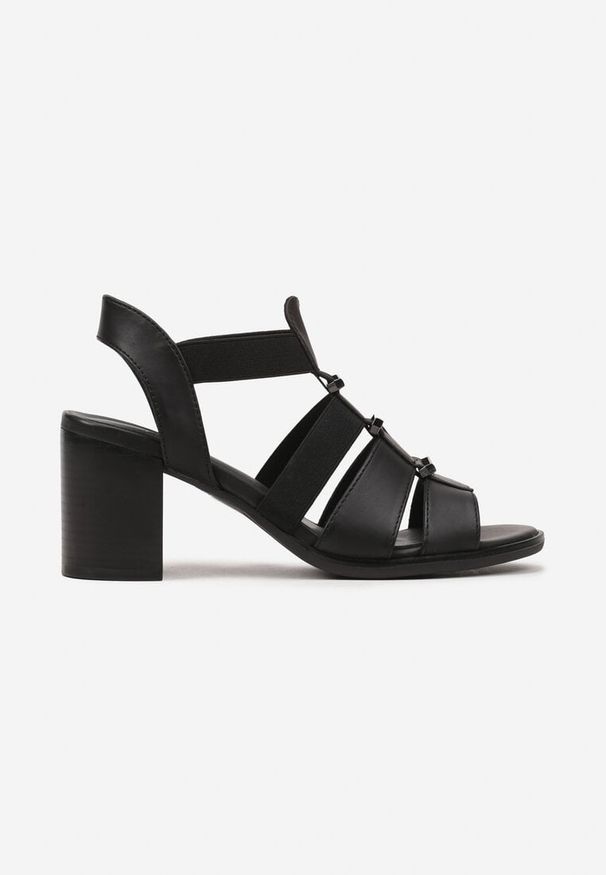 Renee - Czarne Sandały na Słupku Ozdobione Metalicznymi Wstawkami Dolivella. Okazja: na co dzień. Kolor: czarny. Materiał: jeans. Wzór: aplikacja. Obcas: na słupku. Styl: casual. Wysokość obcasa: średni