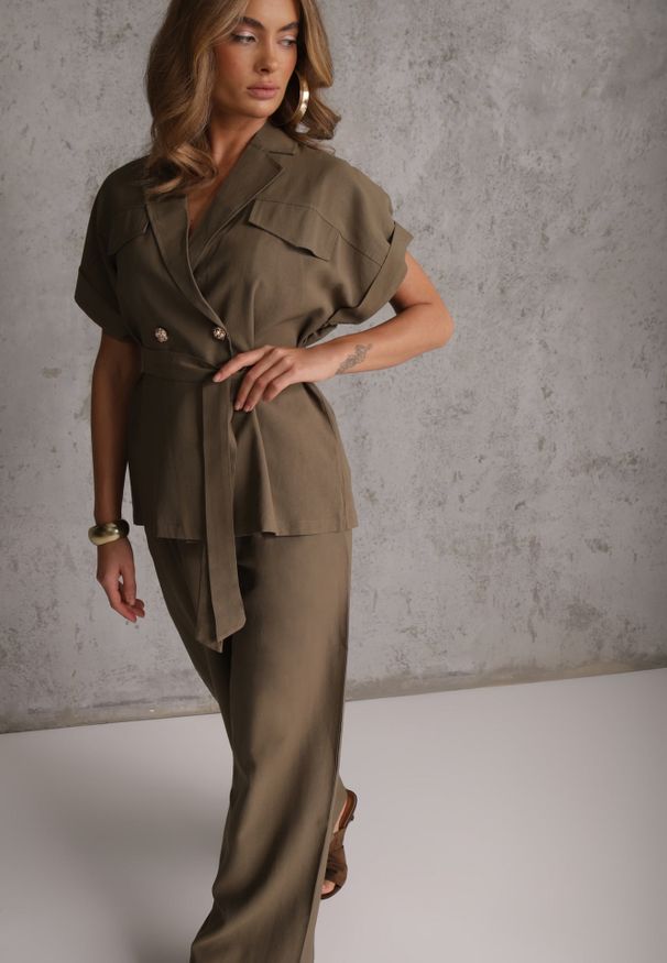Renee - Zielony Wiskozowy Komplet z Lnem Spodnie Wide Leg i Bluzka o Kroju Marynarki Daprise. Kolor: zielony. Materiał: wiskoza, len