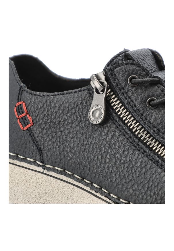 Półbuty damskie Rieker, cholewka ze skóry naturalnej o ziarnistej fakturze z sznurowaniem i bocznym zamkiem, niebieskie, 50965-14. Zapięcie: zamek. Kolor: niebieski. Materiał: skóra. Szerokość cholewki: normalna