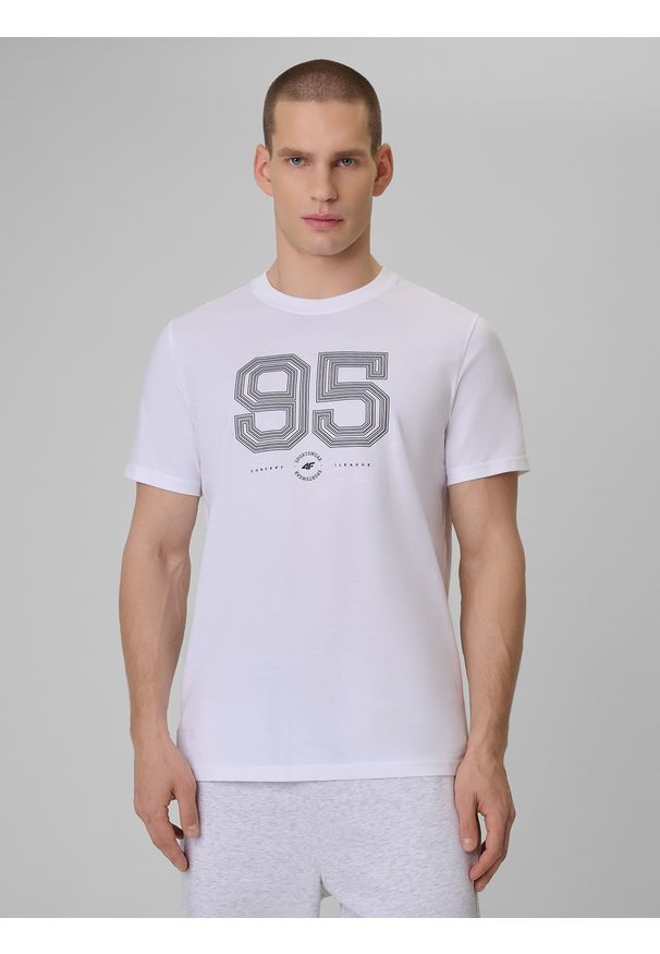 4f - 4F T-shirt regular z nadrukiem męski - biały M. Okazja: na co dzień. Kolor: biały. Materiał: dzianina, bawełna, materiał. Wzór: nadruk. Styl: casual, klasyczny