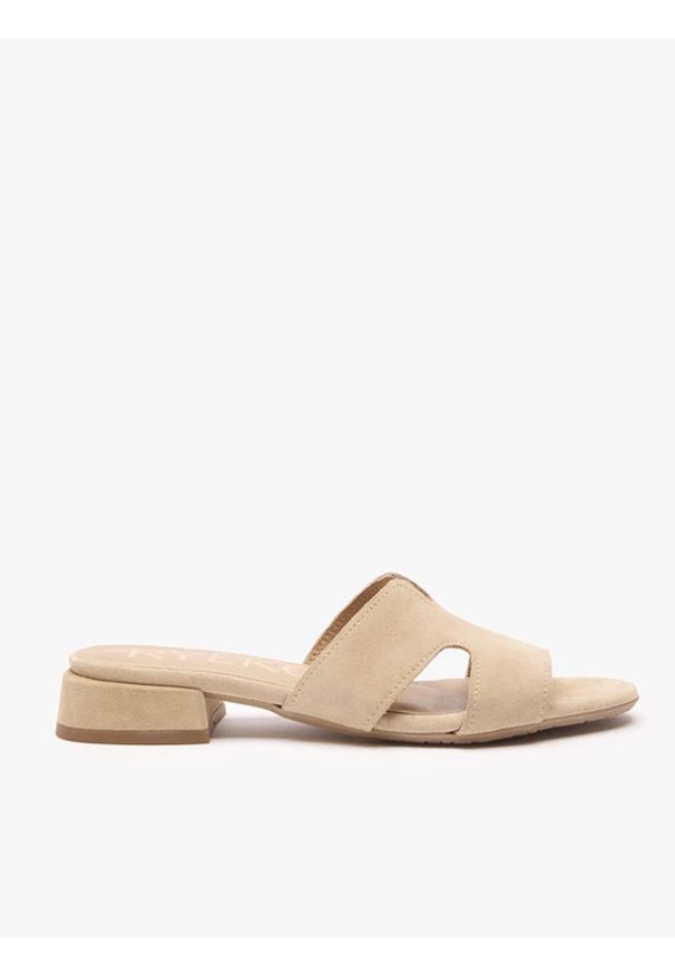 Ryłko - Piaskowe klapki H ze skóry welurowej. Okazja: na co dzień. Nosek buta: okrągły. Kolor: beżowy. Materiał: skóra, welur. Sezon: lato. Obcas: na obcasie. Styl: casual, street, klasyczny, elegancki. Wysokość obcasa: średni