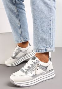 Renee - Białe Brokatowe Sneakersy na Grubej Podeszwie ze Sznurowaniem i Suwakiem Irollia. Kolor: biały. Wzór: aplikacja #3