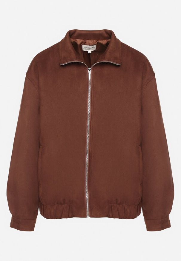 Born2be - Brązowa Kurtka Bomberka ze Ściągaczami i Suwakiem w Stylu Retro Zenissa. Okazja: na co dzień, na spacer. Kolor: brązowy. Materiał: dzianina, jeans. Długość rękawa: długi rękaw. Długość: długie. Styl: retro