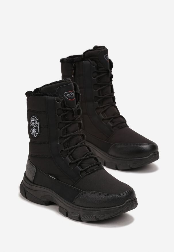 Renee - Czarne Śniegowce na Grubej Podeszwie z Ozdobnym Sznurowaniem Scorpias. Kolor: czarny. Materiał: dzianina, jeans