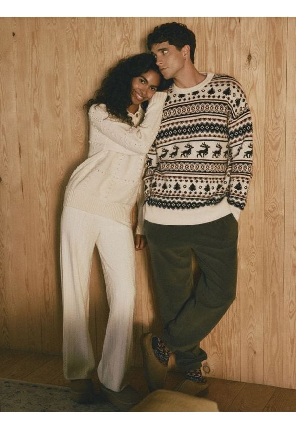 Reserved - Dzianinowe spodnie - kremowy. Kolor: kremowy. Materiał: dzianina