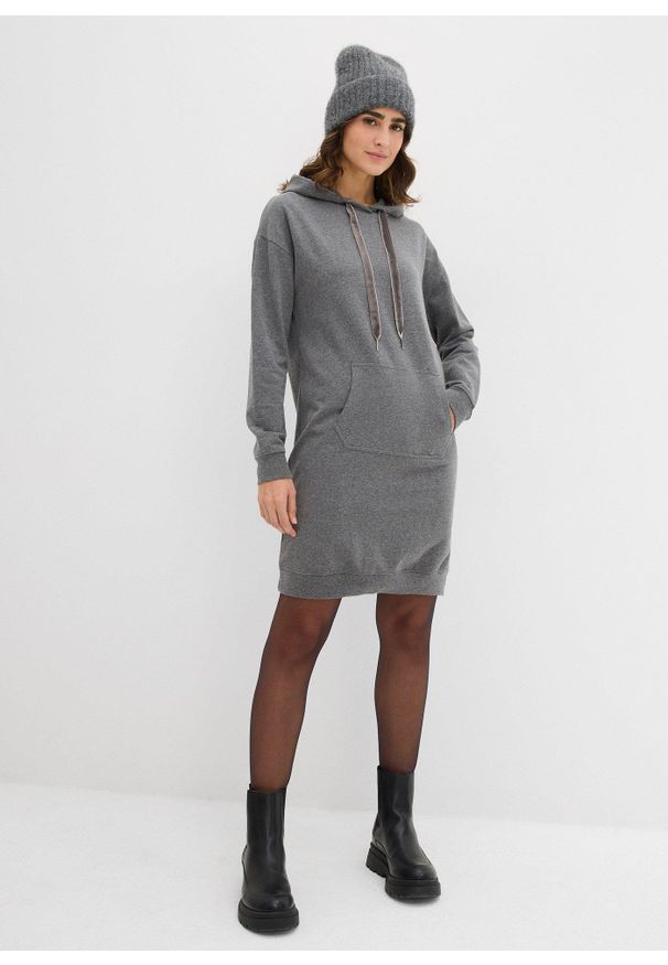 bonprix - Bawełniana sukienka dresowa. Typ kołnierza: kaptur. Kolor: szary. Materiał: bawełna, dresówka