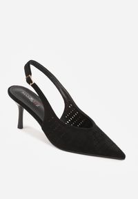 Renee - Czarne Szpilki Slingback z Ażurową Cholewką Nessnore. Zapięcie: sprzączka. Kolor: czarny. Materiał: satyna. Szerokość cholewki: normalna. Wzór: ażurowy. Obcas: na szpilce #2