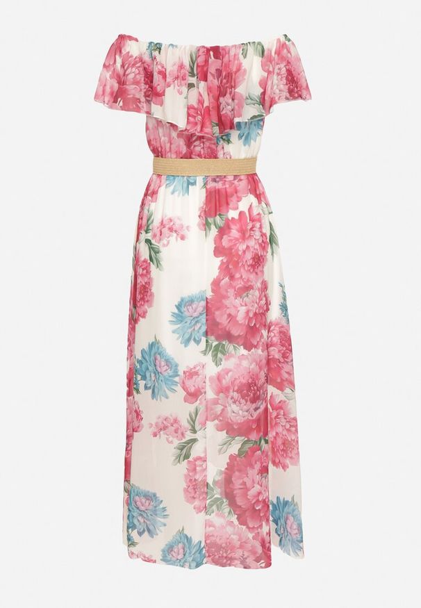 Born2be - Fuksjowa Sukienka Typu Hiszpanka w Kwiaty z Paskiem Sademire. Okazja: na co dzień. Typ kołnierza: dekolt hiszpanka. Kolor: różowy. Wzór: kwiaty. Styl: casual