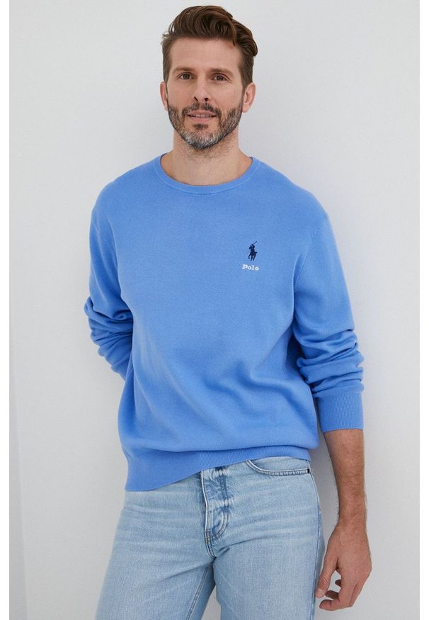 Polo Ralph Lauren sweter bawełniany męski lekki. Typ kołnierza: polo. Kolor: niebieski. Materiał: bawełna. Długość rękawa: długi rękaw. Długość: długie