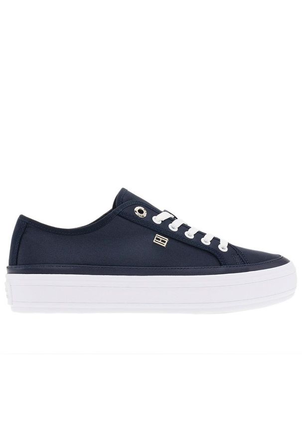 TOMMY HILFIGER - Buty Tommy Hilfiger Essential Vulcanized Canva FW0FW07459-DW6 - granatowe. Okazja: na co dzień. Zapięcie: sznurówki. Kolor: niebieski. Materiał: guma, tkanina, kauczuk, bawełna, poliester. Szerokość cholewki: normalna. Obcas: na platformie