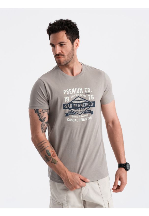 Ombre Clothing - Męski bawełniany t-shirt z nadrukiem San Francisco – popielaty V4 - Rozmiar: L. Kolor: szary. Materiał: bawełna. Wzór: nadruk. Styl: street, klasyczny, elegancki