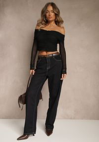 Renee - Czarna Drapowana Bluzka VICES z Odkrytymi Ramionami i Siateczkowymi Rękawami Atevite. Okazja: na co dzień. Kolor: czarny. Materiał: jeans. Styl: casual