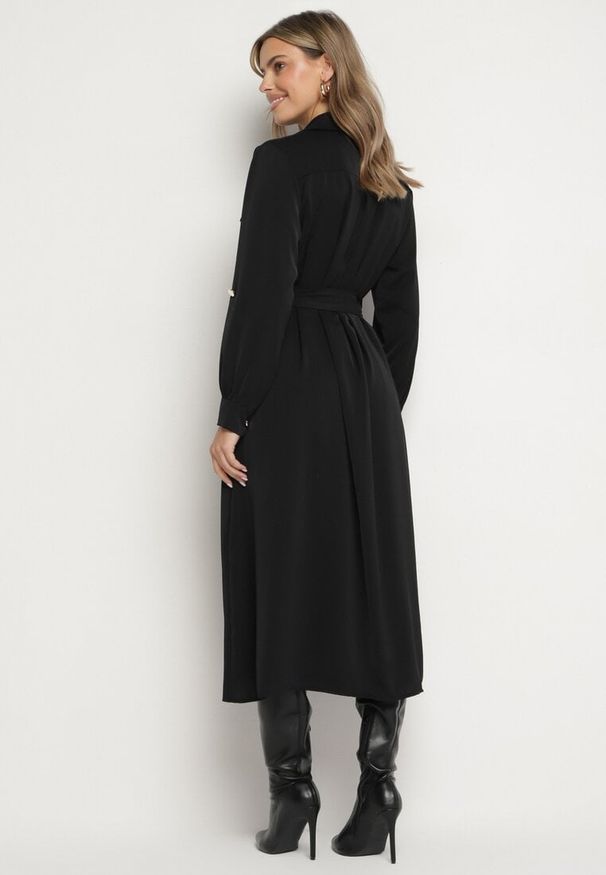 Born2be - Czarna Koszulowa Sukienka z Podpinanymi Rękawami i Dodatkowym Wiązanym Paskiem Ivandria. Okazja: na co dzień. Kolor: czarny. Typ sukienki: koszulowe. Styl: klasyczny, casual