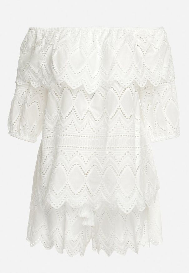 Born2be - Biały Ażurowy Komplet Letni z Bawełny Bluzka Hiszpanka i Szorty Anlira. Kolor: biały. Materiał: bawełna. Wzór: ażurowy