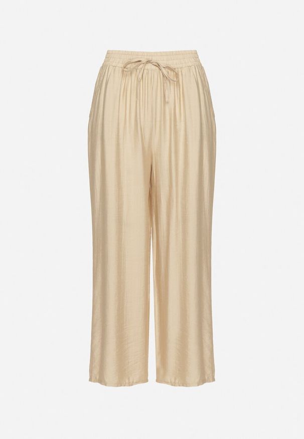 Born2be - Beżowe Szerokie Spodnie Palazzo z Wysokim Stanem i Wiązaniem Myrlevia. Okazja: na co dzień. Stan: podwyższony. Kolor: beżowy. Styl: elegancki, klasyczny, casual