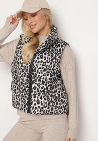 Born2be - Szara Pikowana Panterkowa Kamizelka Merianas. Okazja: na co dzień, na spacer. Typ kołnierza: golf. Kolor: szary. Materiał: skóra. Wzór: aplikacja. Styl: sportowy, klasyczny, casual, elegancki #1