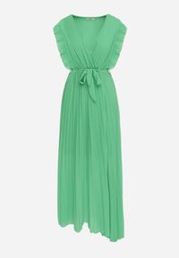 Born2be - Zielona Plisowana Sukienka Maxi Wiskozowa z Kopertowym Dekoltem i Falbankami Glimes. Typ kołnierza: kołnierz z falbankami. Kolor: zielony. Materiał: wiskoza. Typ sukienki: kopertowe. Długość: maxi #2