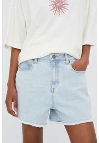 Volcom szorty jeansowe damskie gładkie high waist. Stan: podwyższony. Kolor: niebieski. Materiał: jeans. Wzór: gładki