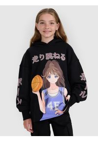 4f - 4F Bluza dresowa nierozpinana z kapturem dziewczęca - czarna 140 (9-10 lat). Okazja: na co dzień, na spacer, na uczelnię. Typ kołnierza: kaptur. Kolor: czarny. Materiał: dresówka. Wzór: gładki, ze splotem, nadruk. Sezon: lato. Styl: sportowy, casual, elegancki #1