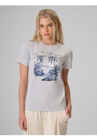 4f - 4F T-shirt regular z nadrukiem damski - niebieski XS. Okazja: na co dzień. Kolor: niebieski. Materiał: bawełna, materiał, dzianina. Wzór: nadruk. Styl: casual #1