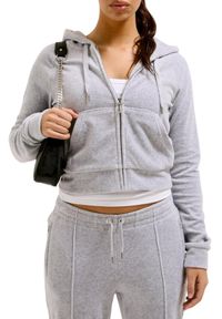 Juicy Couture - JUICY COUTURE Szara damska bluza Madison Hoodie, Rozmiar L. Typ kołnierza: kaptur. Kolor: szary. Materiał: elastan, poliester, materiał. Wzór: aplikacja. Styl: elegancki