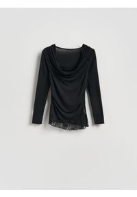 Reserved - Bluzka z koronkową wstawką - czarny. Kolor: czarny. Materiał: koronka #1