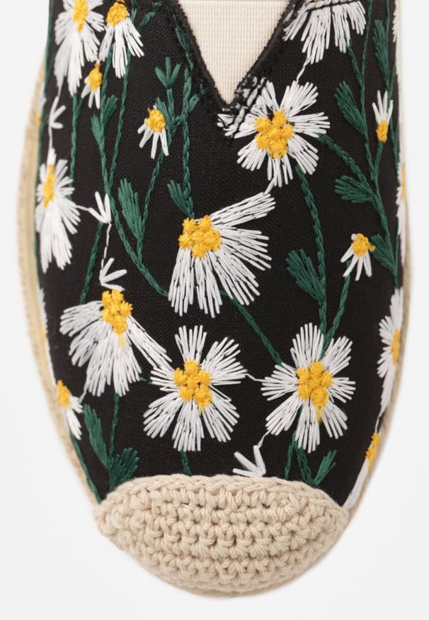 Born2be - Czarne Espadryle z Plecionką i Kwiatowym Haftem Alenara. Okazja: na spacer, na co dzień. Kolor: czarny. Materiał: jeans. Wzór: haft, kwiaty. Sezon: lato. Styl: elegancki, casual