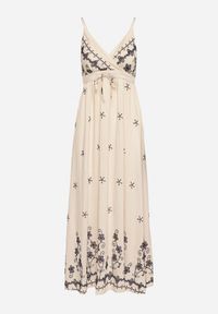 Born2be - Jasnobeżowa Sukienka z Wiskozy Ozdobiona Haftami Lunireia. Okazja: na co dzień. Typ kołnierza: dekolt w kształcie V. Kolor: beżowy. Materiał: wiskoza. Długość rękawa: na ramiączkach. Wzór: aplikacja, haft. Typ sukienki: proste. Styl: casual #3