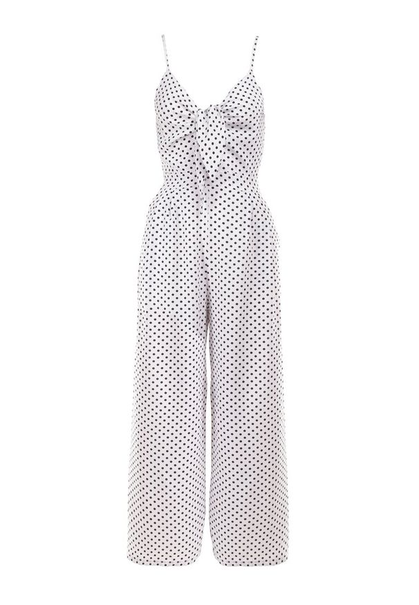 Born2be - Biały Kombinezon Delessa. Kolor: biały. Długość rękawa: na ramiączkach. Długość: długie. Wzór: aplikacja, kropki. Styl: wizytowy, elegancki