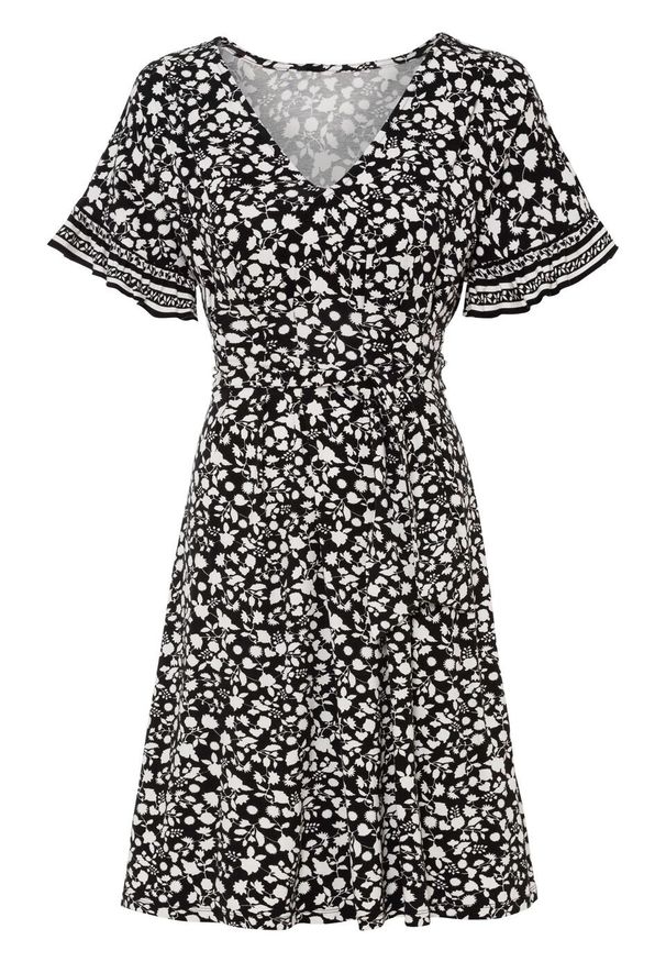 Sukienka z nadrukiem LENZING™ ECOVERO™ bonprix czarno-biel wełny w roślinny wzór. Kolor: czarny. Materiał: wełna. Wzór: nadruk