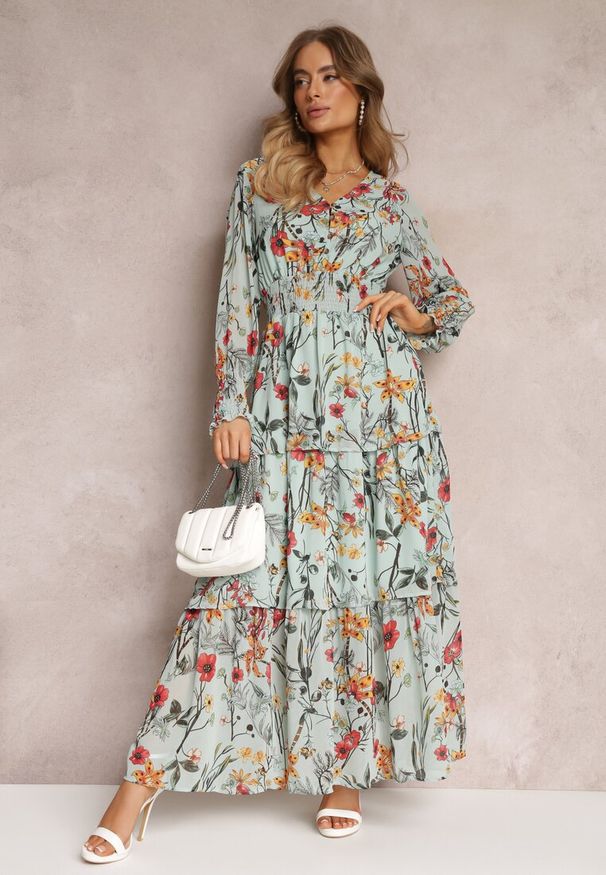 Renee - Miętowa Rozkoszowana Sukienka Maxi z Falbankami i Gumką w Talii Leezasa. Typ kołnierza: kołnierz z falbankami. Kolor: miętowy. Wzór: kwiaty. Styl: elegancki. Długość: maxi
