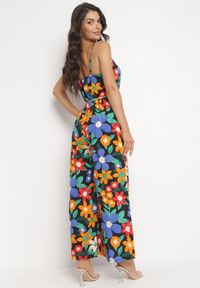 Born2be - Czarno-Niebieski Kombinezon na Cienkich Ramiączkach Wiązany w Pasie Ozdobiony Kwiatowym Printem Yahir. Kolor: czarny. Długość rękawa: na ramiączkach. Wzór: aplikacja, kwiaty, nadruk #3