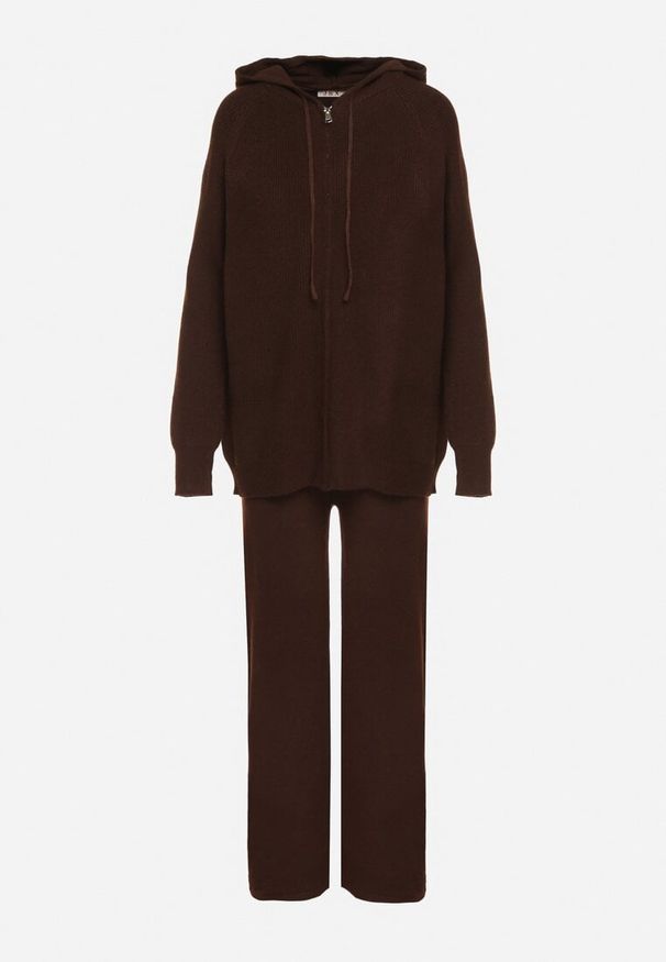 Born2be - Brązowy Komplet z Wełną i Bawełną Szerokie Spodnie i Rozpinana Bluzka z Kapturem Reikania. Kolor: brązowy. Materiał: wełna, bawełna