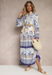 Renee - Niebieska Sukienka z Wiskozy Rozkloszowana w Print Boho Aedia. Okazja: na co dzień. Typ kołnierza: dekolt w serek. Kolor: niebieski. Materiał: wiskoza. Wzór: nadruk. Styl: boho #4