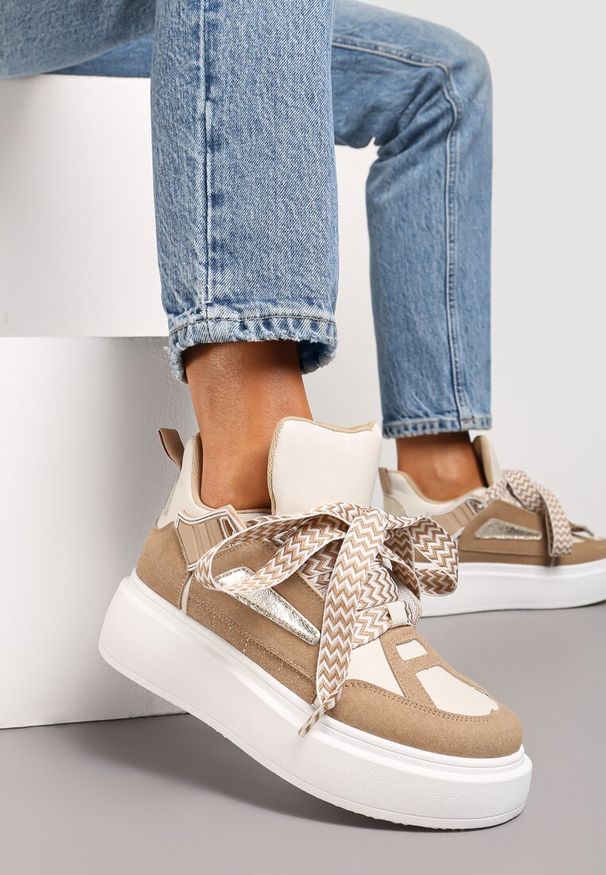 Born2be - Beżowe Sneakersy na Grubej Podeszwie z Ozdobnymi Sznurówkami Edidda. Okazja: na co dzień. Kolor: beżowy. Materiał: jeans